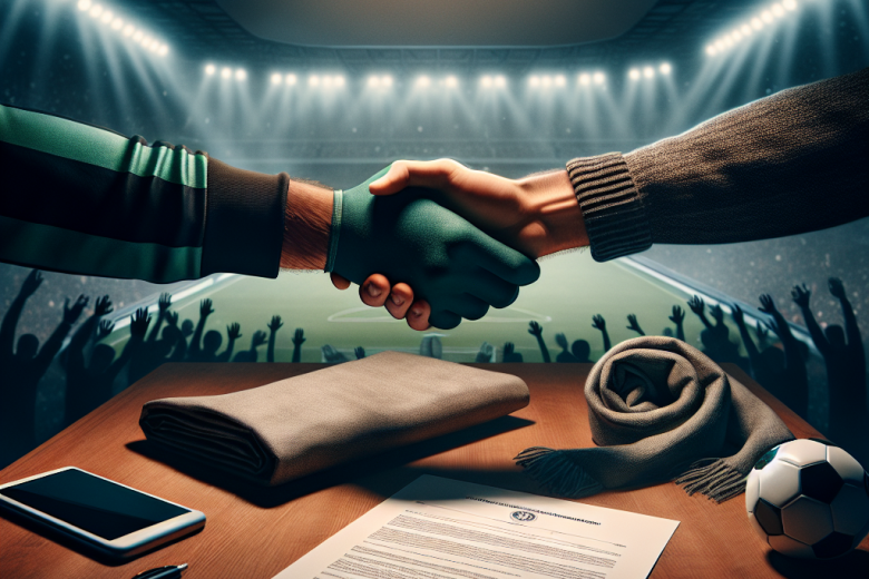 EPL transfer window handshake over contract, agents negotiating, stadium tunnel at night