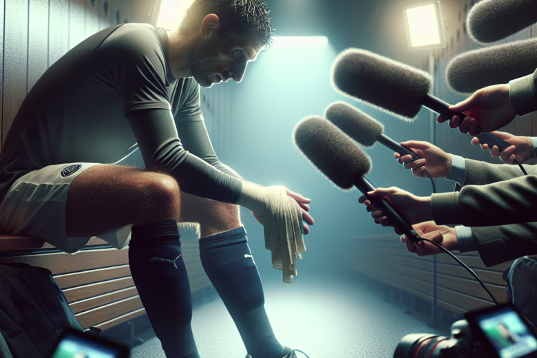 Premier League player interviewed in tunnel, microphones close, reflective post-match mood.