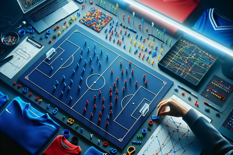 English league match predictions visual: analyst desk with tactics board and jerseys